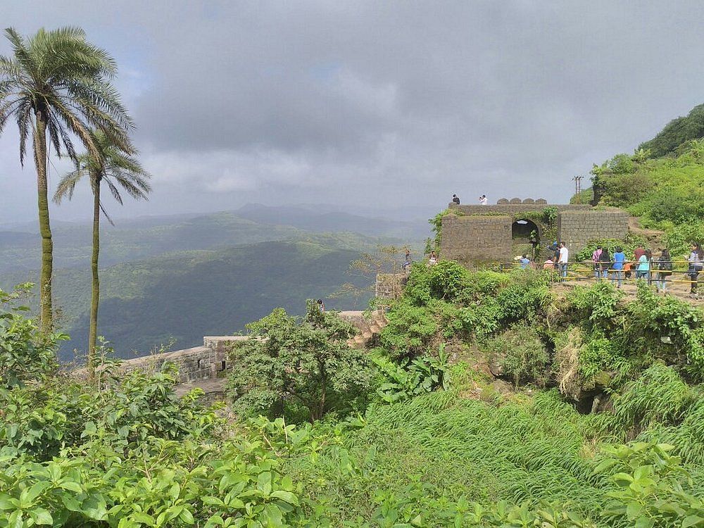 A wide shot of the Sinhgad fort, perched on a high cliff overlooking a valley. Lush green vegetation covers the hillside, and a palm tree stands tall in the foreground. The sky is overcast with clouds.